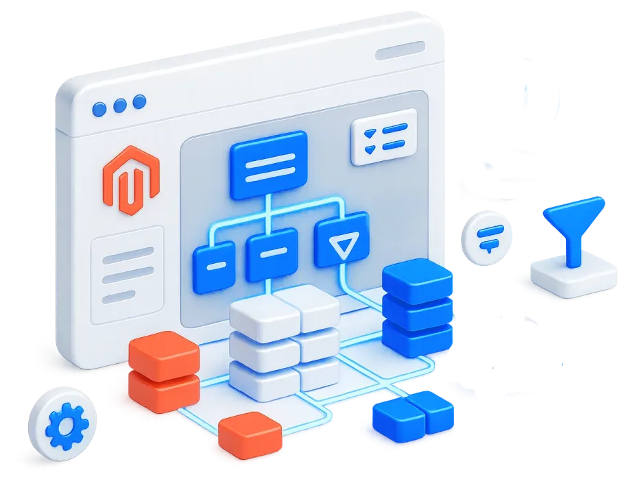 3D illustration of a web browser window with the Magento logo and flowchart connected to blue and orange data blocks, gear and filter icons.