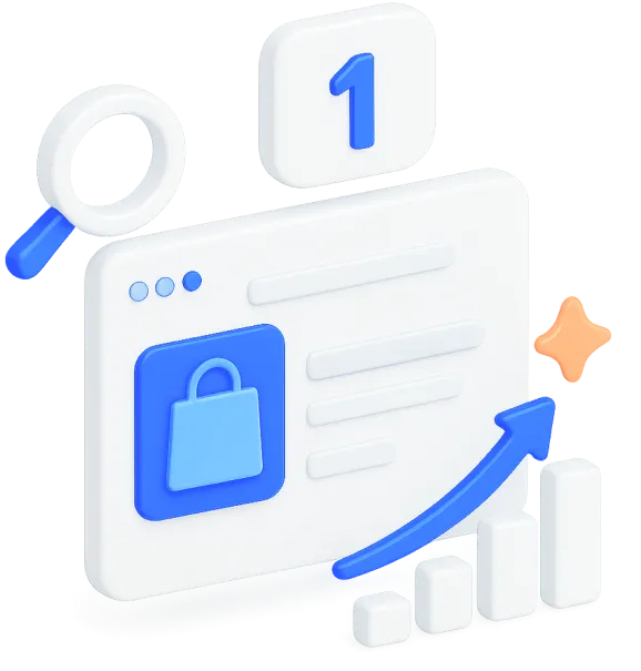 3D illustration of a browser window with a blue shopping bag icon, ascending bar chart with an arrow, a magnifying glass, and number one symbol.