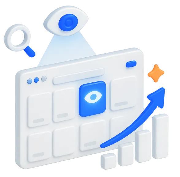 3D illustration of an eye icon above a webpage layout with a rising arrow and bar chart indicating increased visibility or traffic.