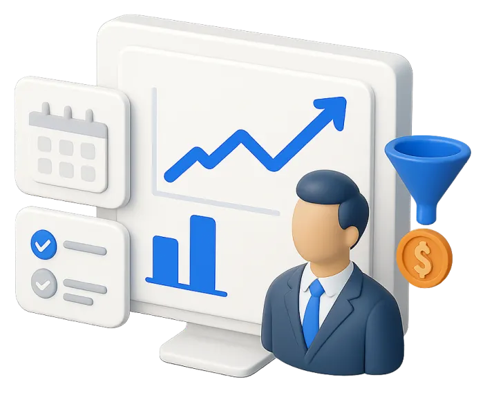 3D illustration of a businessperson in front of a screen showing an upward graph and bar chart, with icons of a calendar, checklist, funnel, and dollar coin.