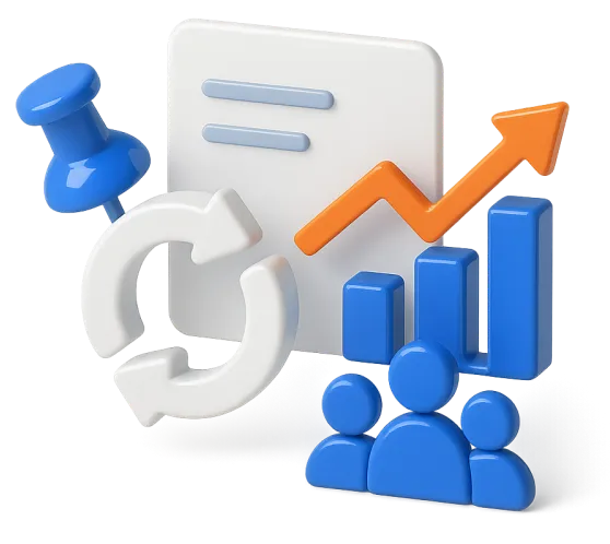3D icons of a pushpin, circular refresh arrows, a document, a rising bar graph, and a group of people.
