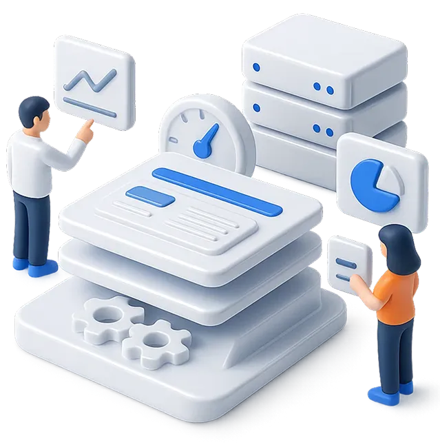 3D illustration of two people analyzing charts and data dashboards with servers, speedometer, and gears.