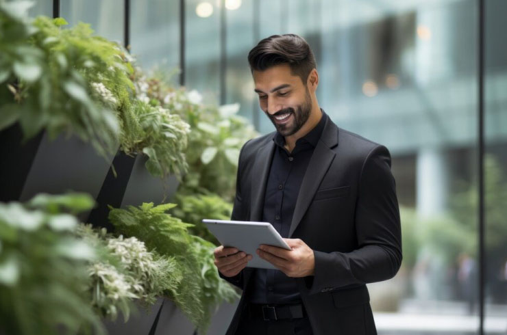 Smiling businessman using a tablet to plan his business in Miami