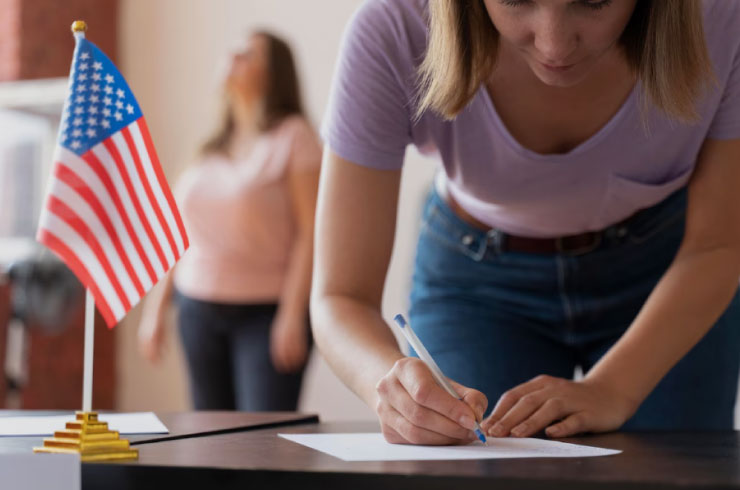 Person signing documents next to a small American flag, symbolizing formal procedures for entering the U.S. market under ITA regulations