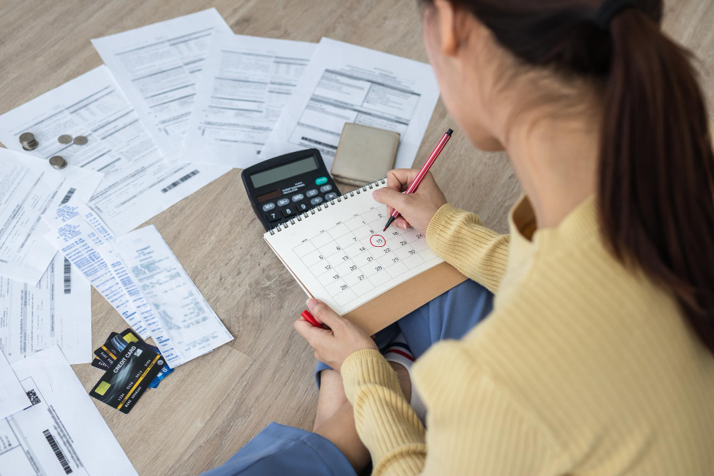 Woman calculating her tax refund at home with IRS forms and receipts spread across a table.