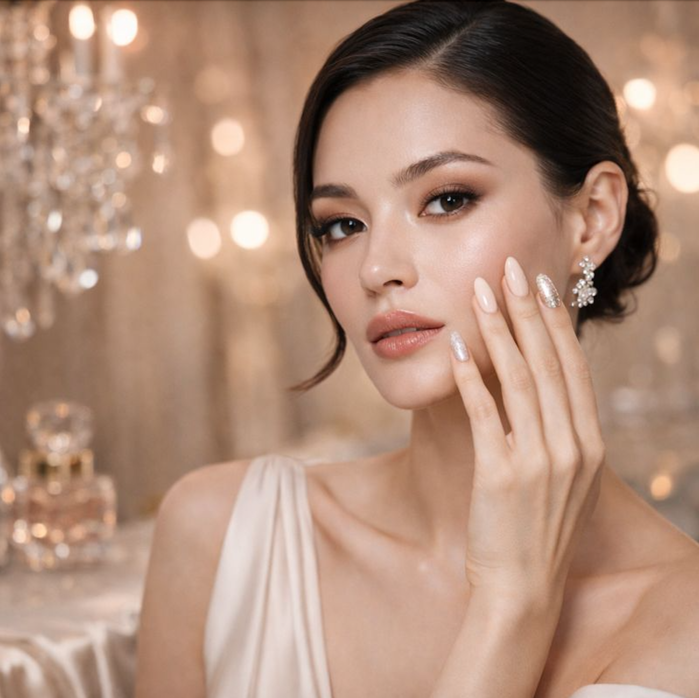 Elegant Asian fashion model showcasing refined press-on nails with pearlescent and glitter finishes, styled in a luxury editorial setting with soft lighting and an upscale aesthetic.