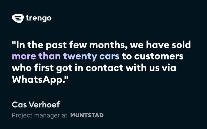 Quote of Cas Verhoef explaining how Muntstad uses WhatsApp for sales.