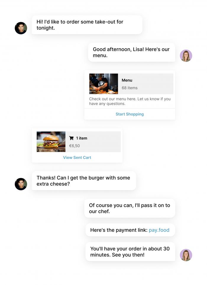 An example of a WhatsApp product message for restaurants.
