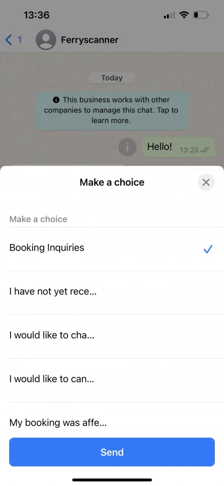 A screenshot of Ferryscanner's WhatsApp Business bot