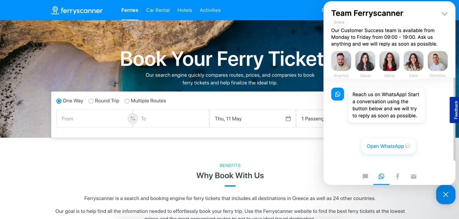 Ferryscanner's website widget, including a WhatsApp Business bot