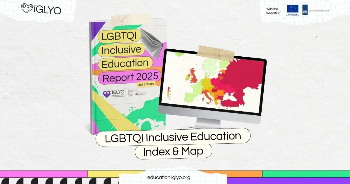 Visual with the cover of the LGBTQI Inclusive Education Report and a computer showing the LGBTQI Inclusive Education Map.
