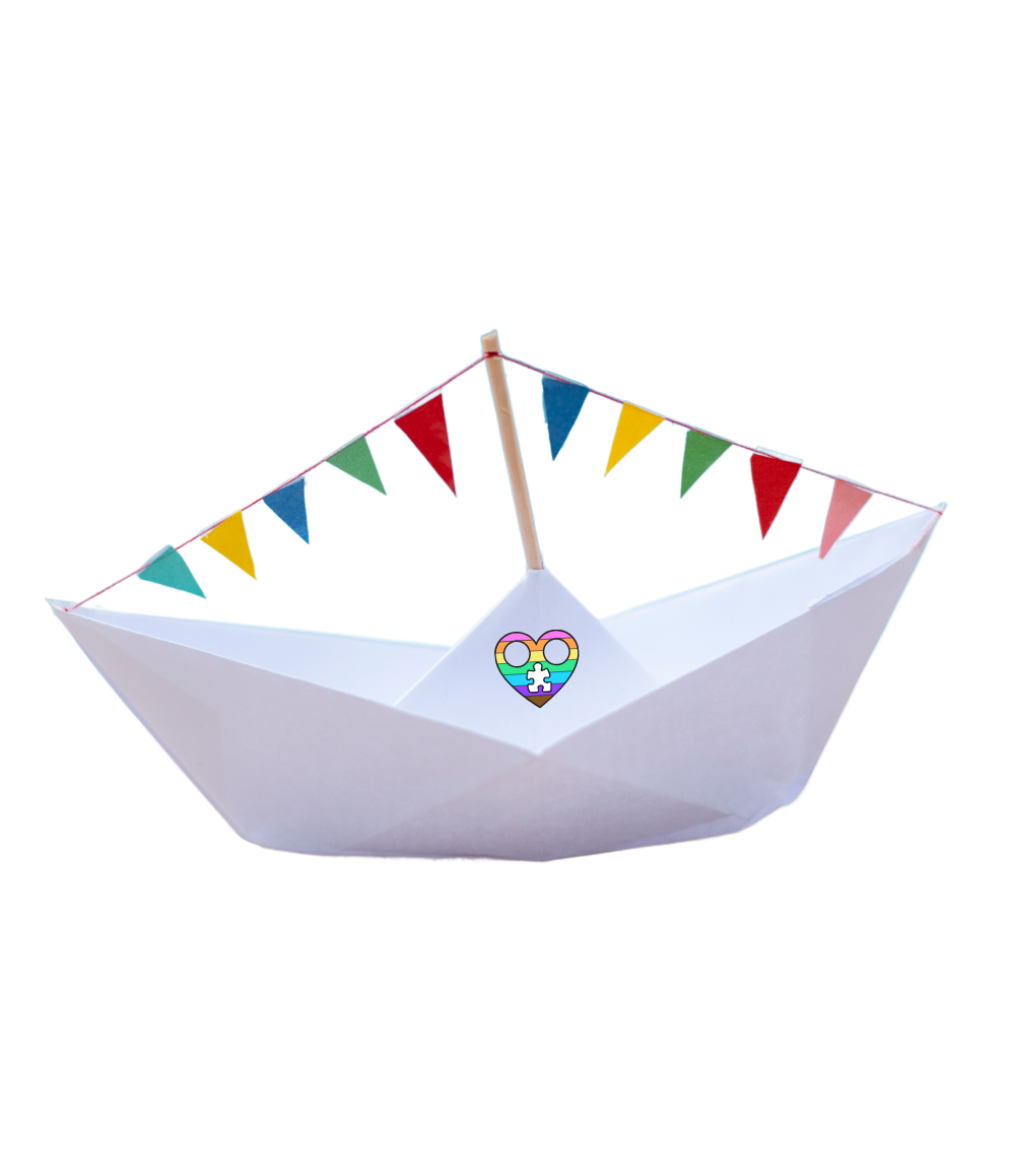 Cutout of a paper boat with coloured bunting and the project logo on it.