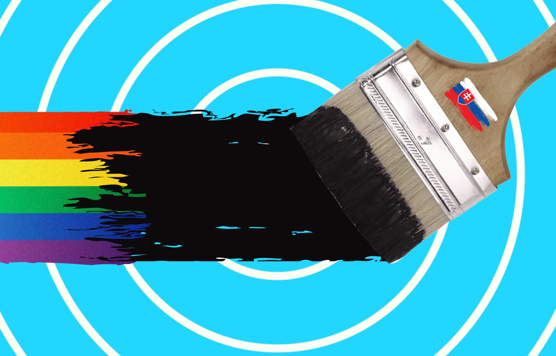 Visual of a paint brush with the Slovakian flag painting black paint over rainbow paint.