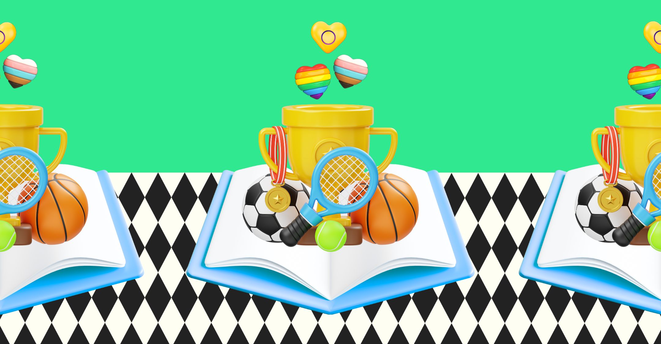 Visual of an open book on which is a trophy above which are floating hearts in the colours of the LGBTQI flag, trans flag and intersex flag.