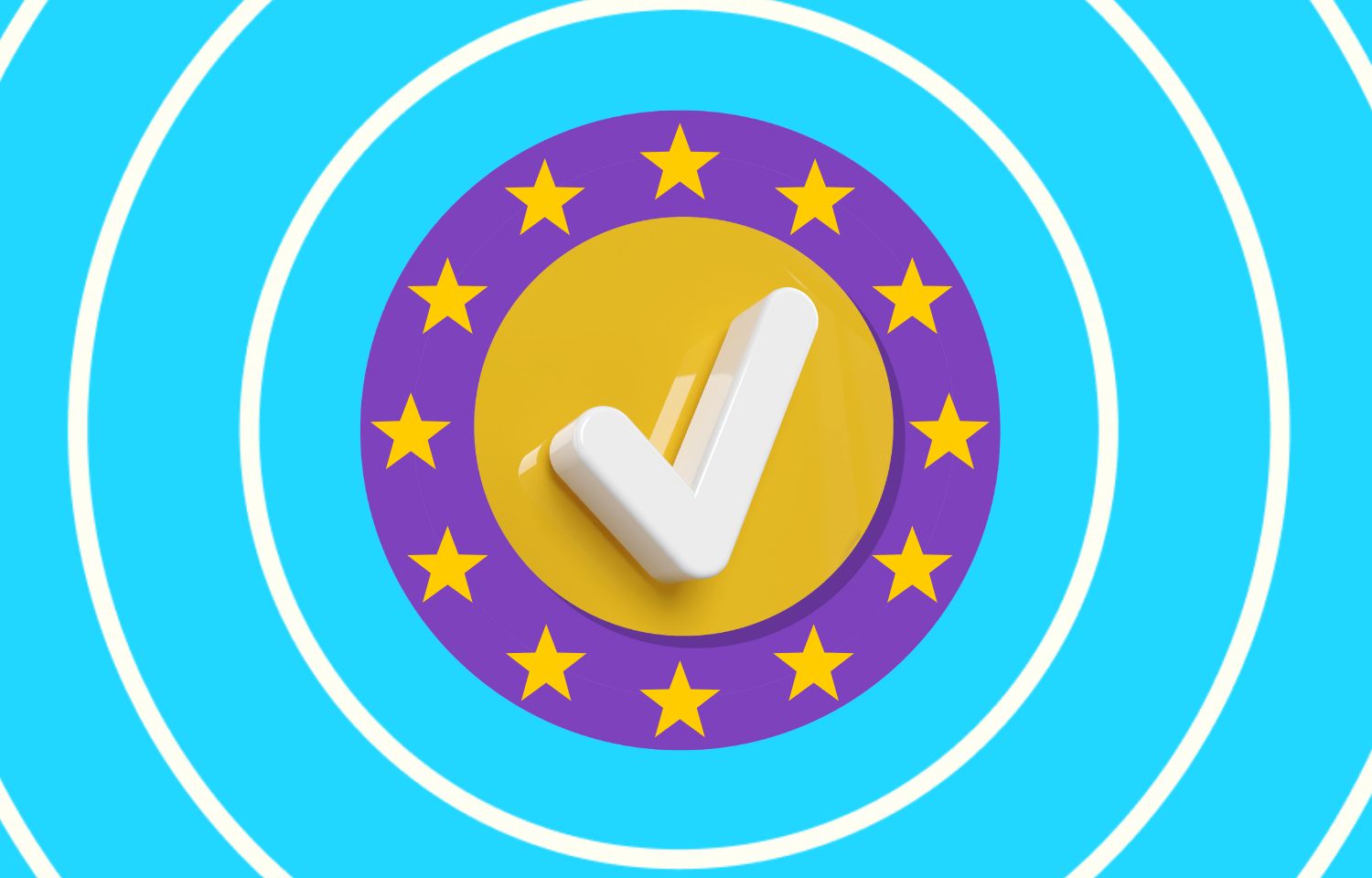 Visual with a purple circle representing the intersex flag with stars all around it representing the European flag, and a tick mark is in the centre of the circle.
