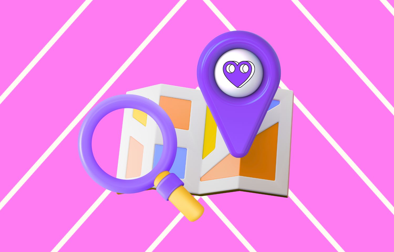 Visual of 3D location pin with the IGLYO logo on a map next to a magnifying glass.