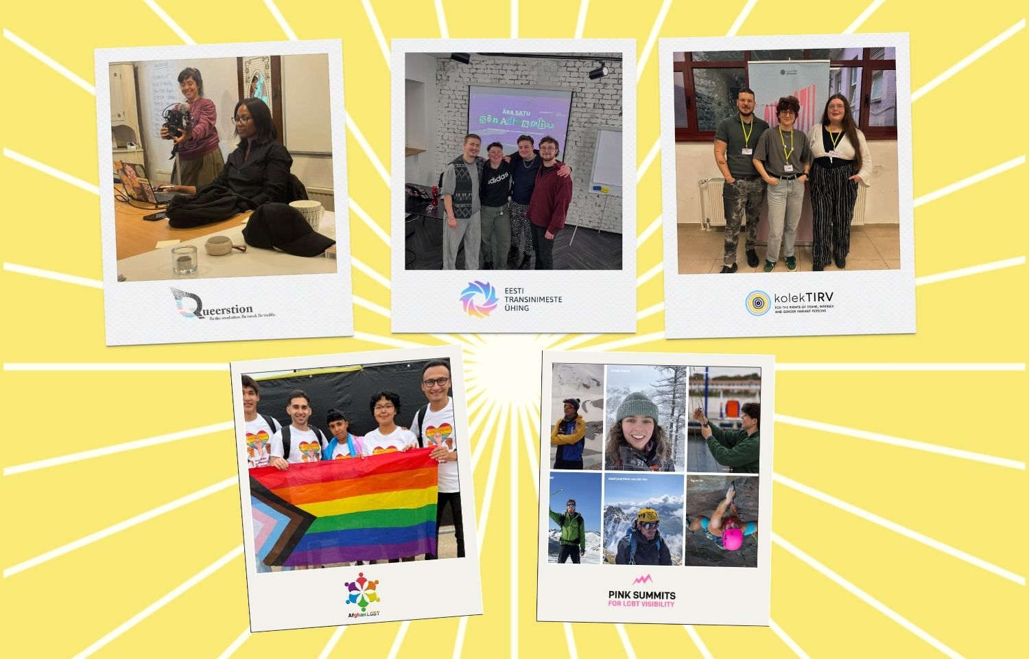 5 polaroids each showing a photo of the Grant project and the logo of its respective member organisation.