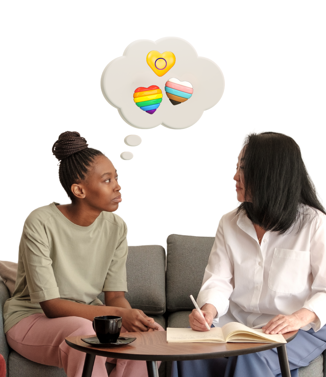 Cutout of a therapist talking to a young person with a thinking bubble displaying hearts with various LGBTIQ+ flags on them