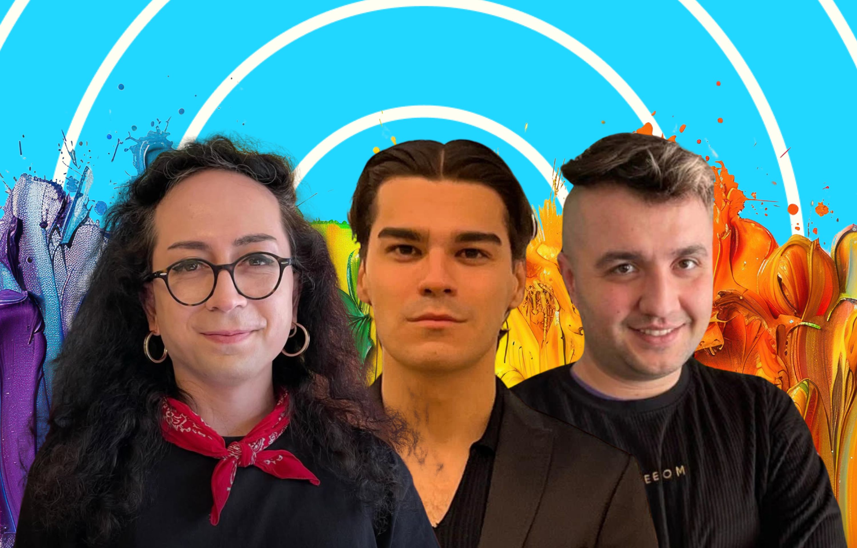 Visual with a photo of Defne, Enes and Yildiz in front of a rainbow paint wave.