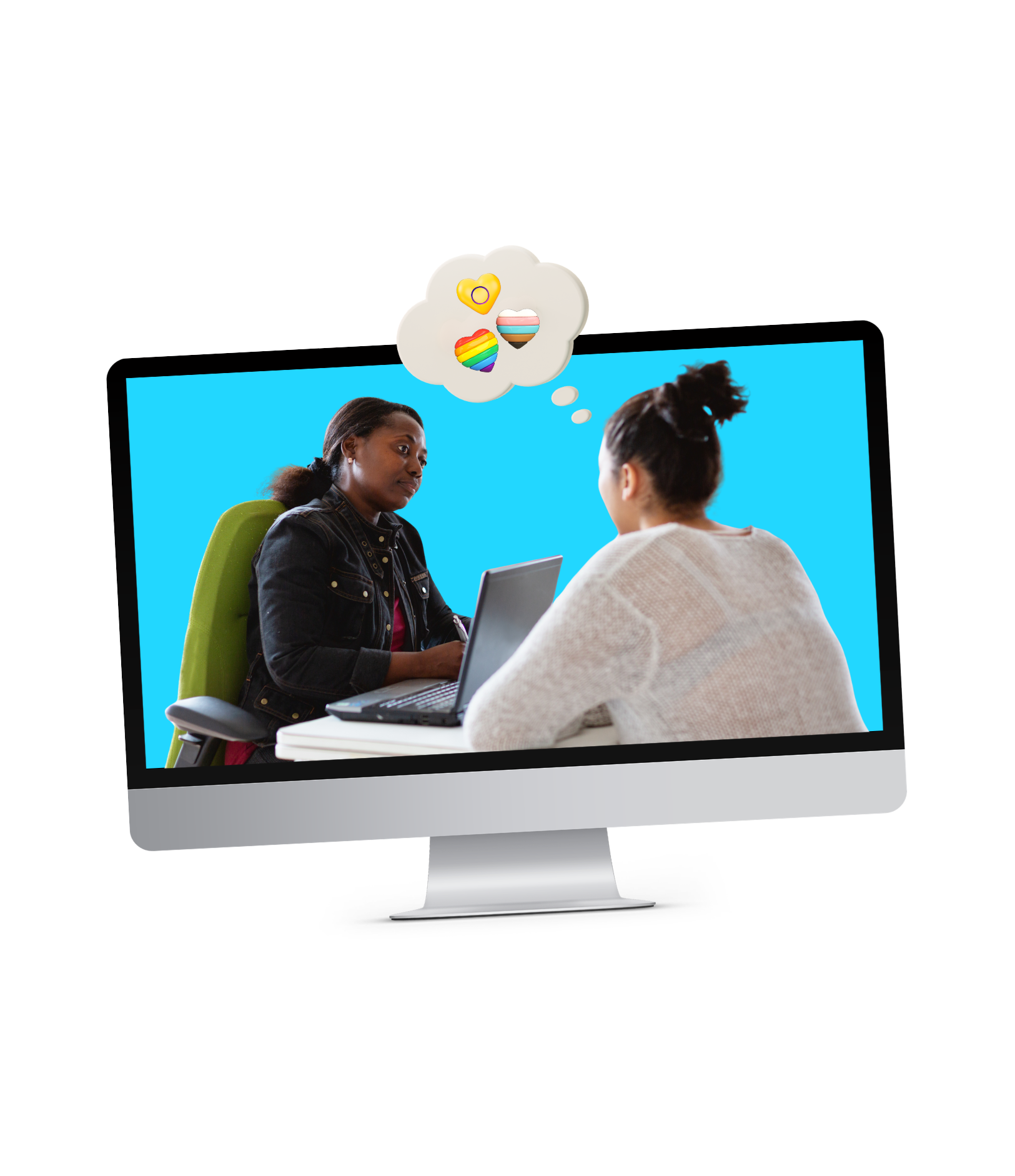 Cutout of a therapist talking to a young person with a thinking bubble displaying hearts with various LGBTIQ+ flags on them