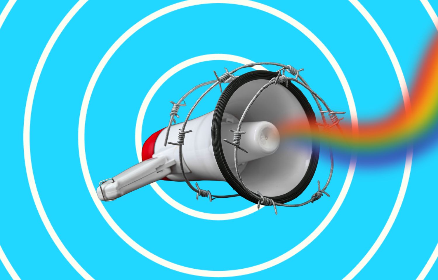 Visual of a megaphone circled by barbed wire that is diffusing a rainbow.