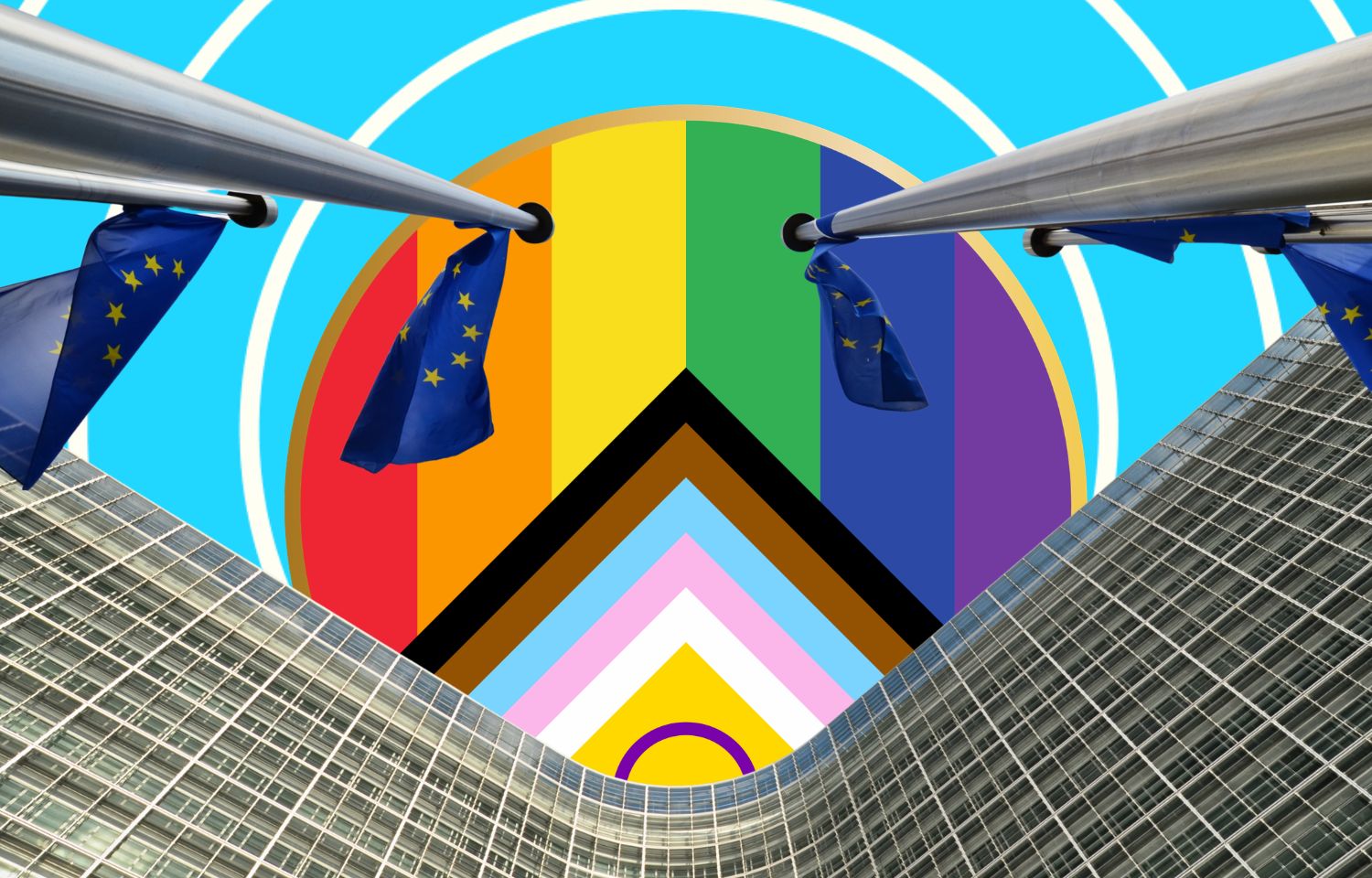 Visual with the european commission building taken from the bottom so that the building points towards a progress pride flag circle badge with a golden frame.
