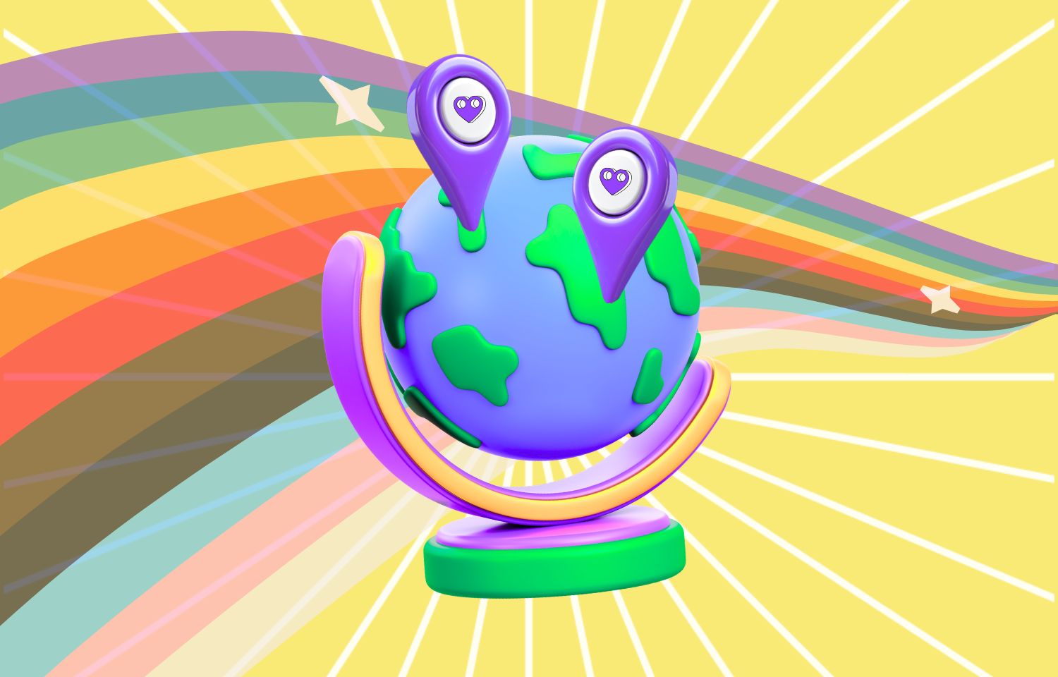 Image of a globe with two location pins marked with the IGLYO logo in front of a wave in the colours of the progress flag.