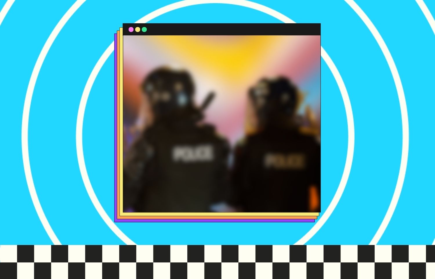 Visual of two police people with their back turned in front of a progress pride flag.