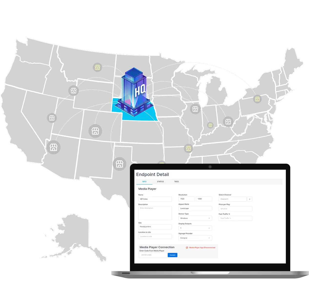 Map of the United States showing a central HQ building in South Dakota connected to multiple smaller store icons across the country, alongside a laptop screen displaying Media Player endpoint details and connection status.