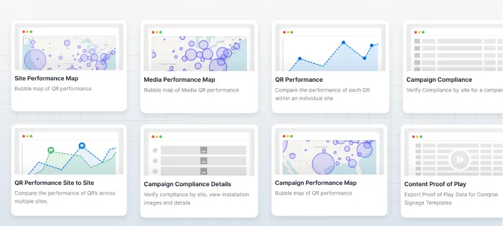 Dashboard showing eight cards with charts and tables for site, media, QR, and campaign performance metrics.
