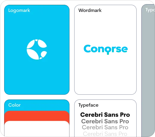 Four-panel brand control visual showing a white abstract circular logomark on blue background, blue text reading 'Congress', and color blocks with red and white.
