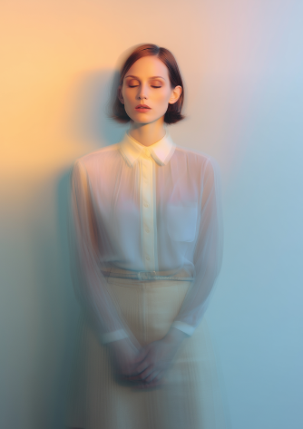 Soft editorial portrait of a woman with eyes closed, representing calm and inner clarity