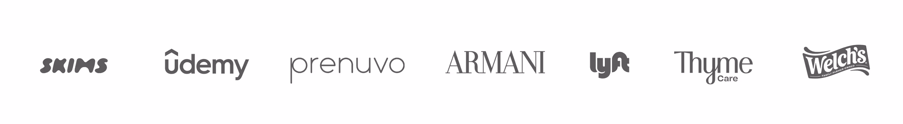 Logos of companies that use Puck, including: Skims, Udemy, Prenuvo, Armani, Lyft, Thyme Care, and Welch's