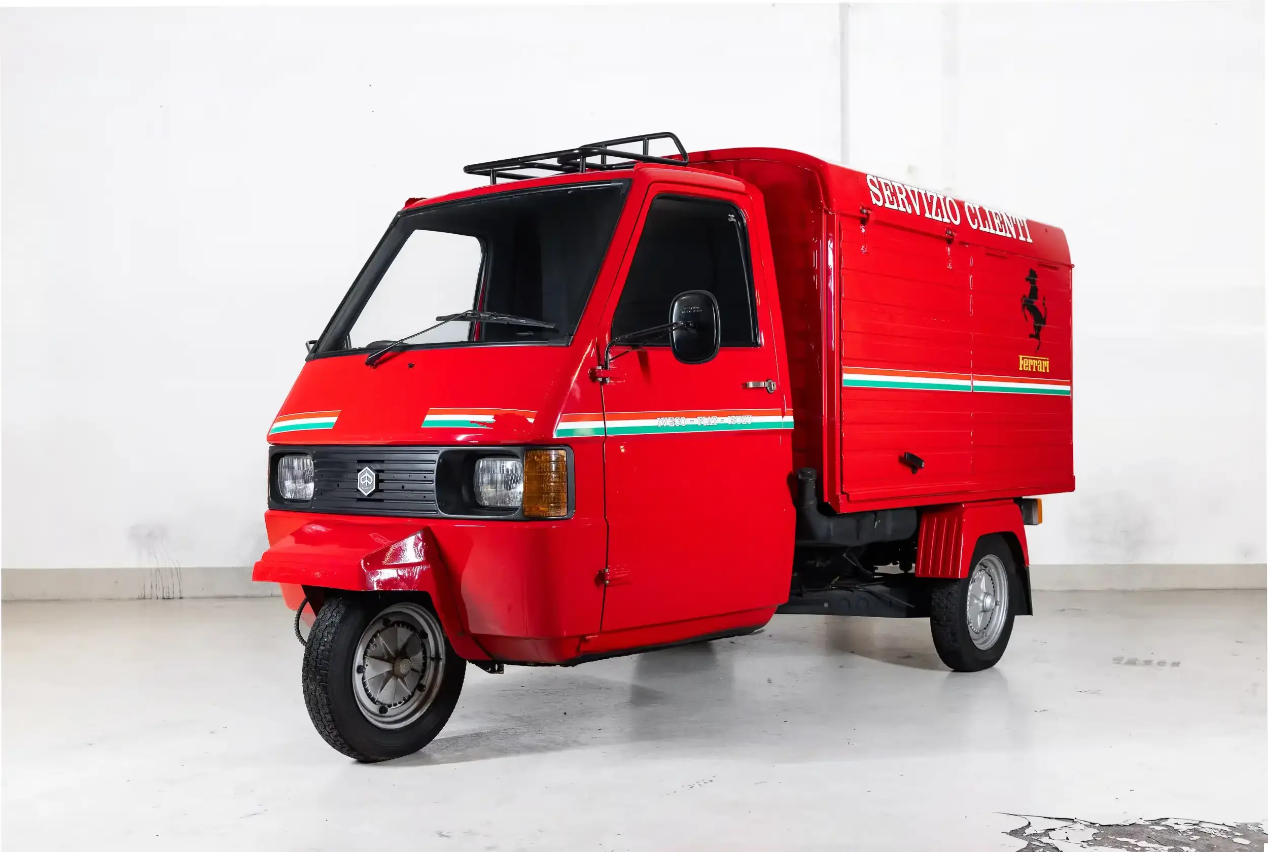 Front oblique view of the 1987 Ferrari Livery Piaggo Ape "Ferrari Coffee Corner"