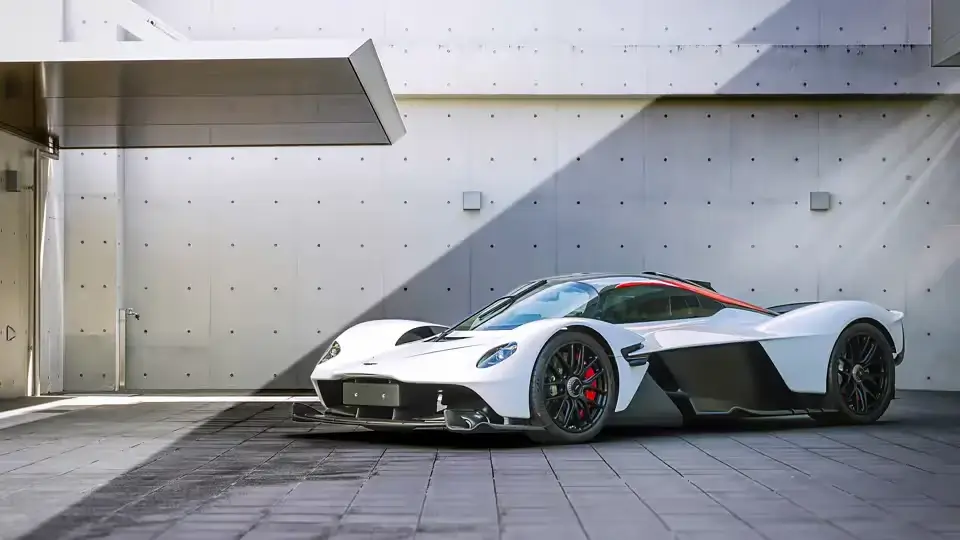 Front oblique view of the 2022 Lunar White  Aston Martin Valkyrie 