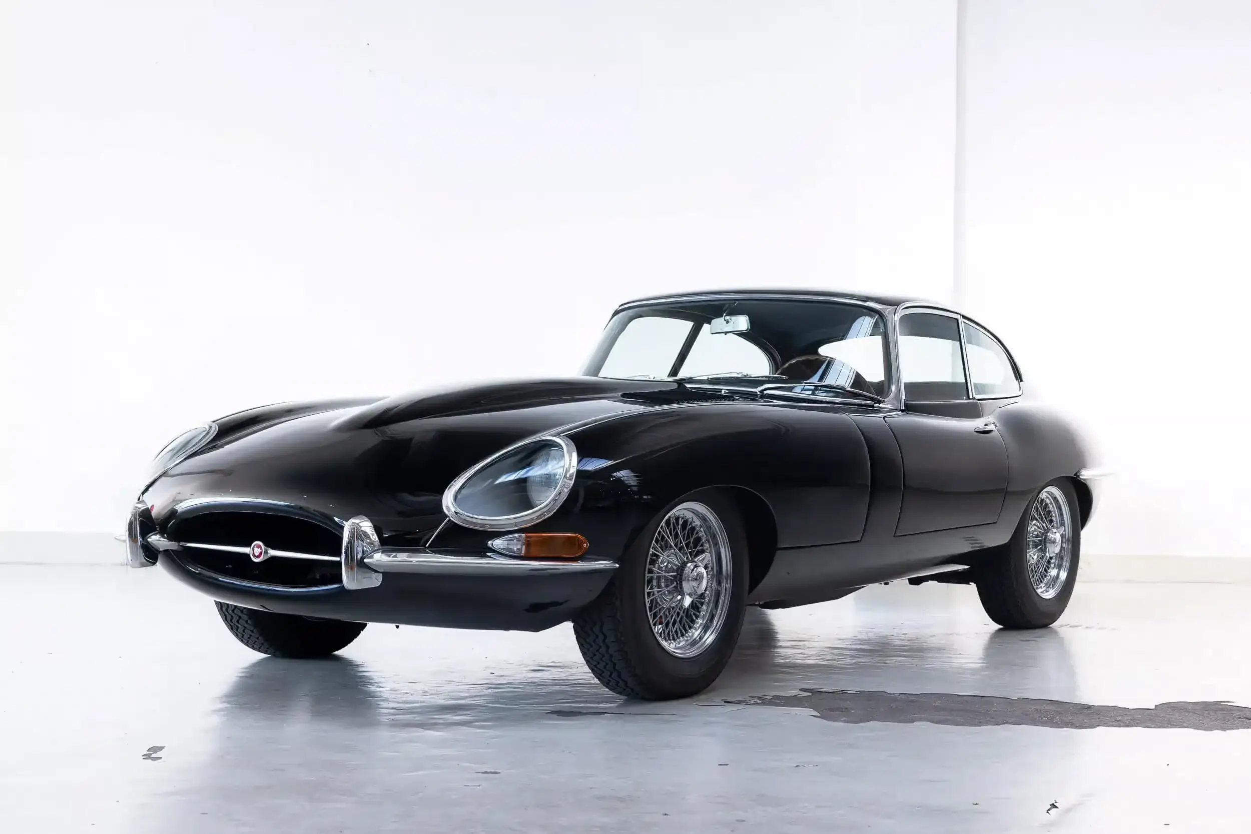 Front oblique view of the 1967 Black Jaguar E-Type 4.2 FHC