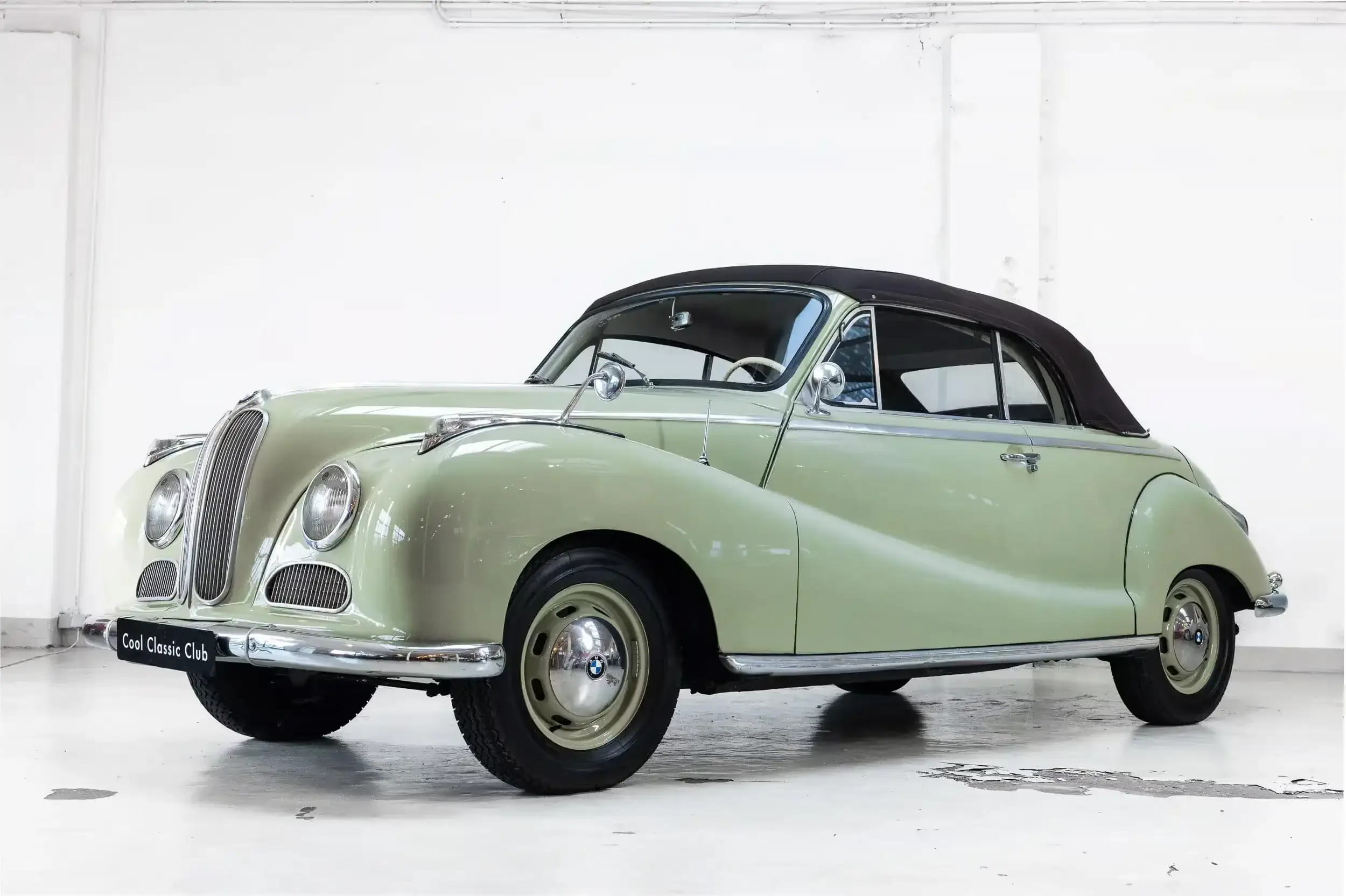 Front oblique view of the 1955 GrauGrün BMW 502 Cabriolet by Baur