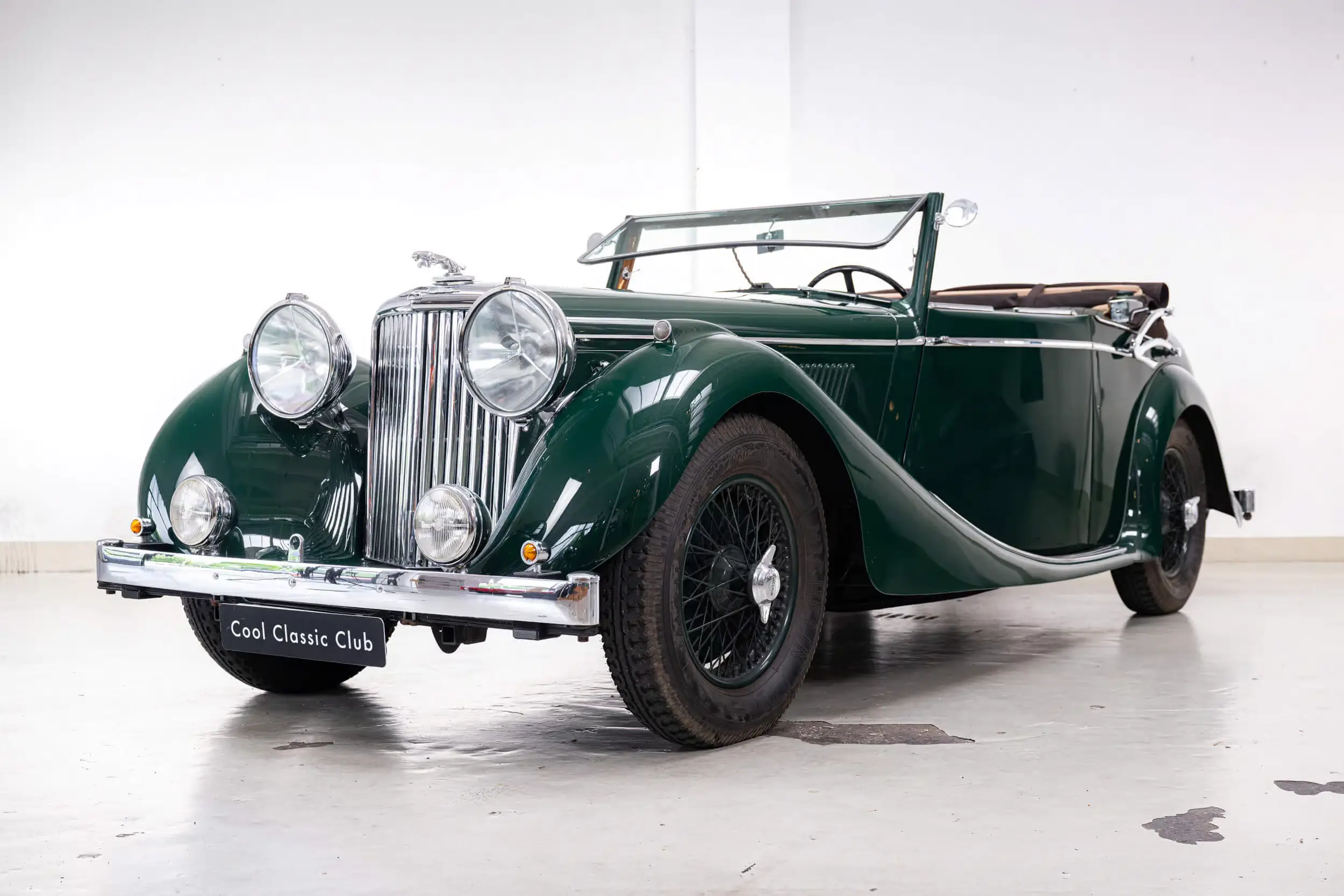 Front oblique view of the 1947 British Racing Green Jaguar MK4 3.5L DHC