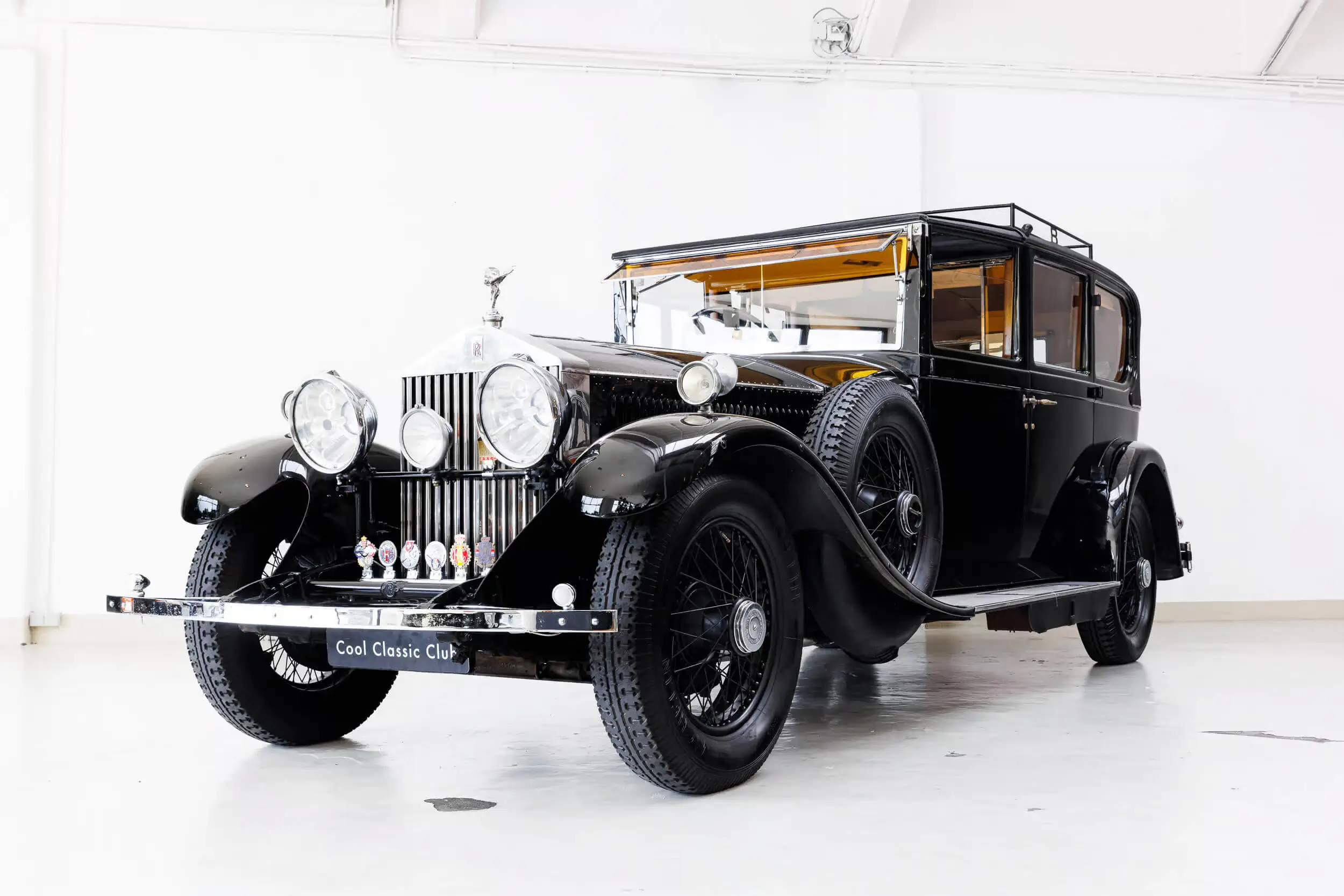 Front oblique view of the 1930 Black Rolls-Royce Phantom II