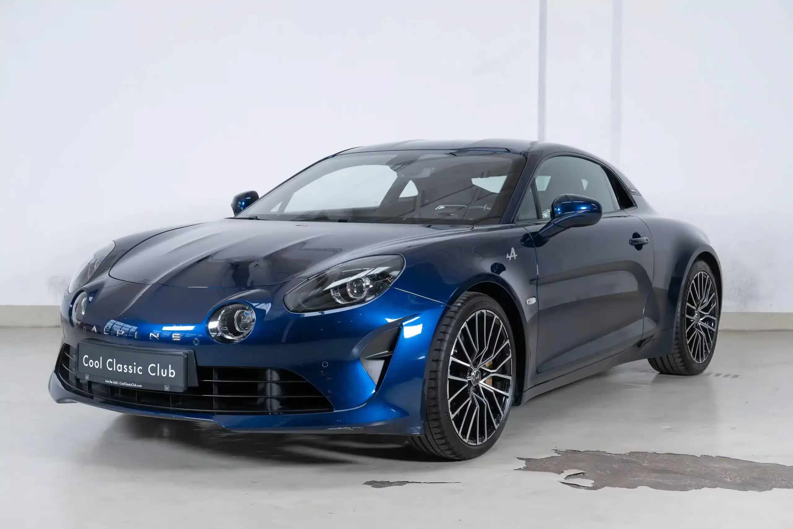 Front oblique view of the 2022 Abyss Blue Alpine A110 GT