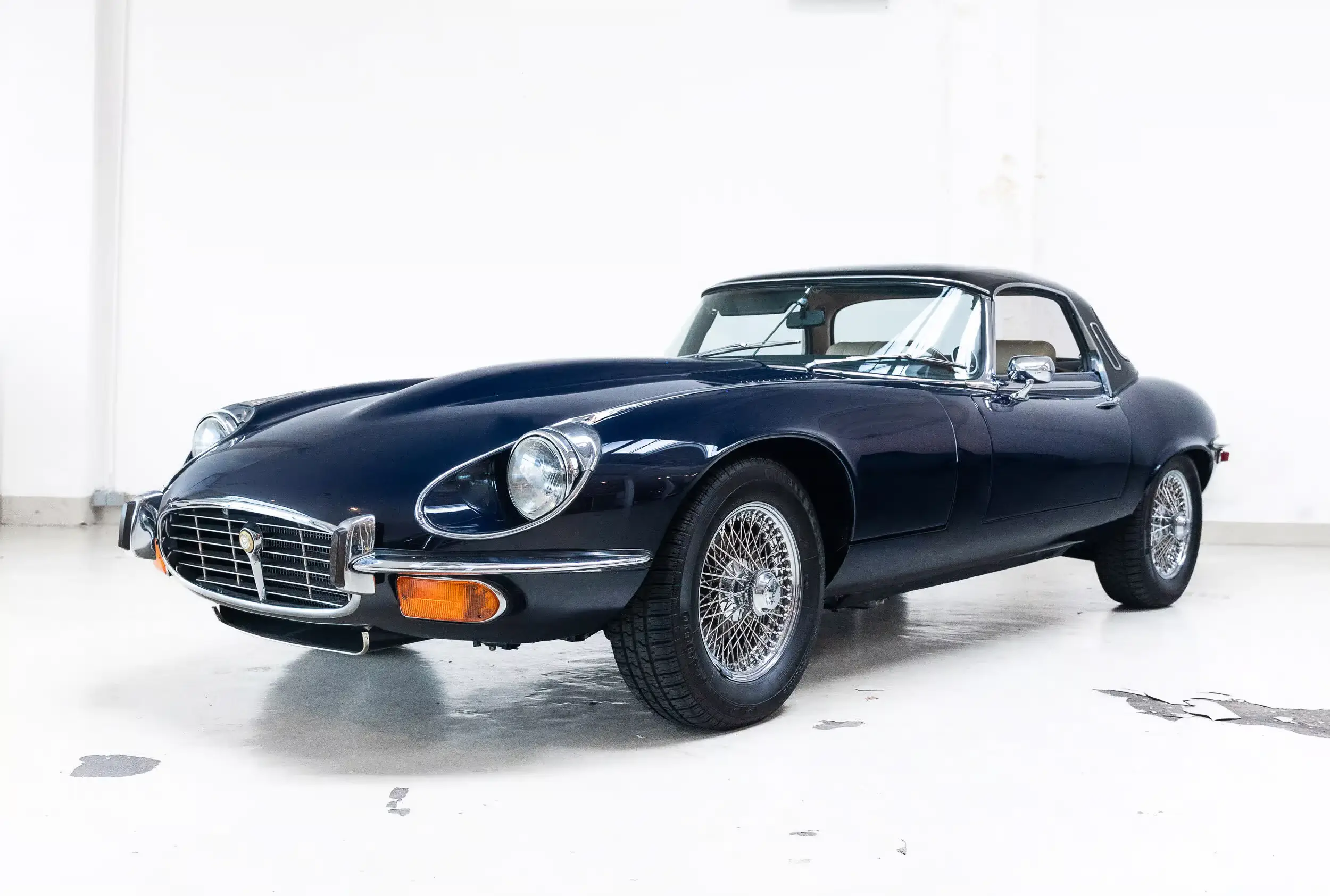 Front oblique view of the 1973 Dark Blue Jaguar E-Type Series 3 V12 OTS 