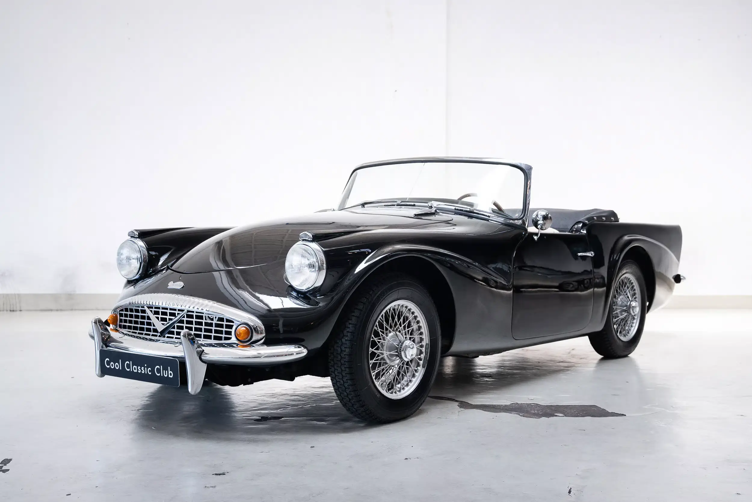 Front oblique view of the 1961 Black Daimler SP250 "DART"