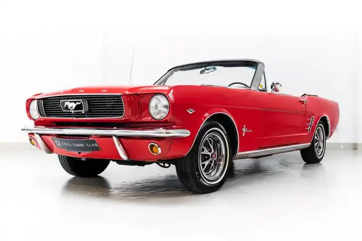 Front oblique view of the 1966 Signal Flare Red Ford Mustang Cabriolet