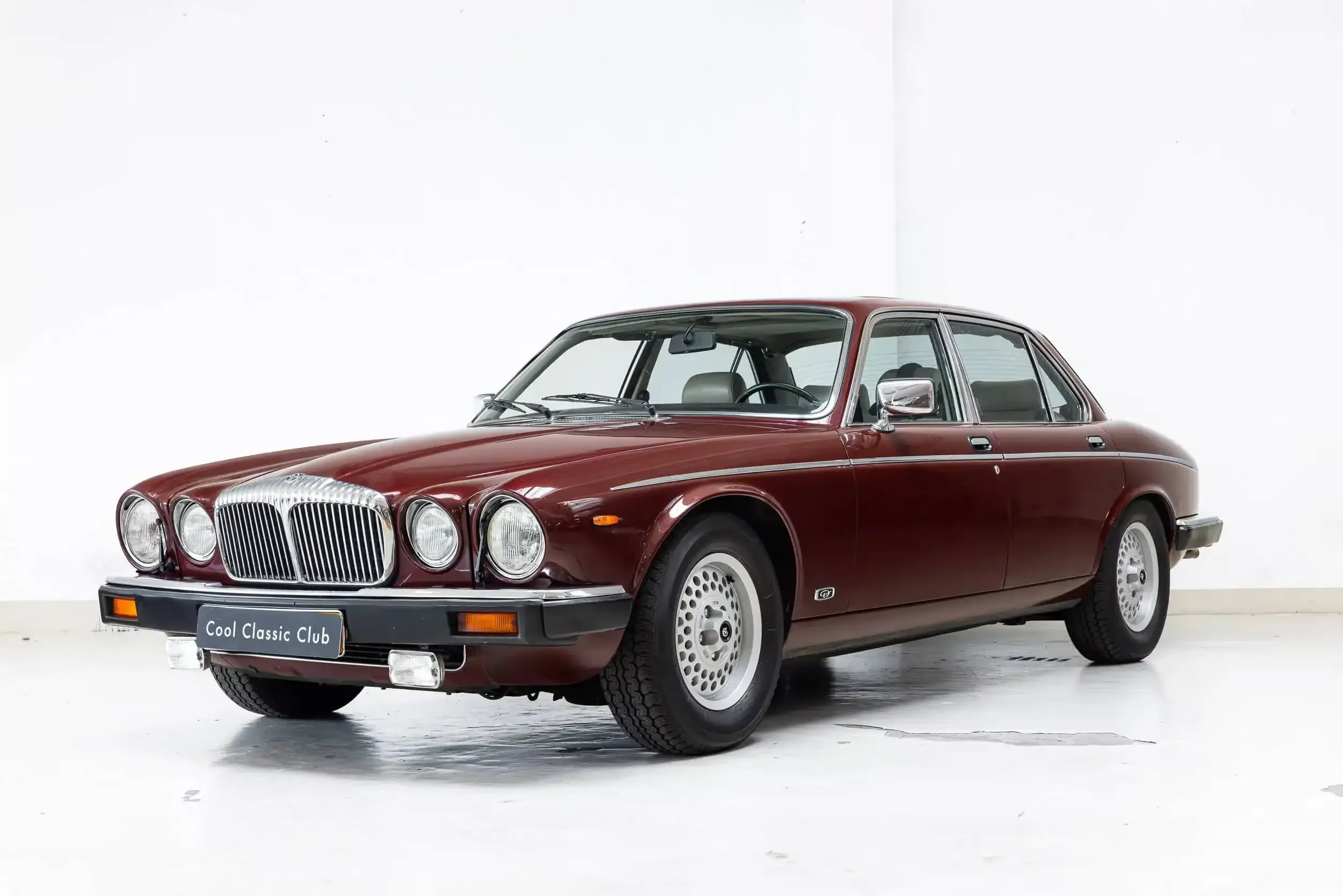 Front oblique view of the 1985 Red Daimler Double Six