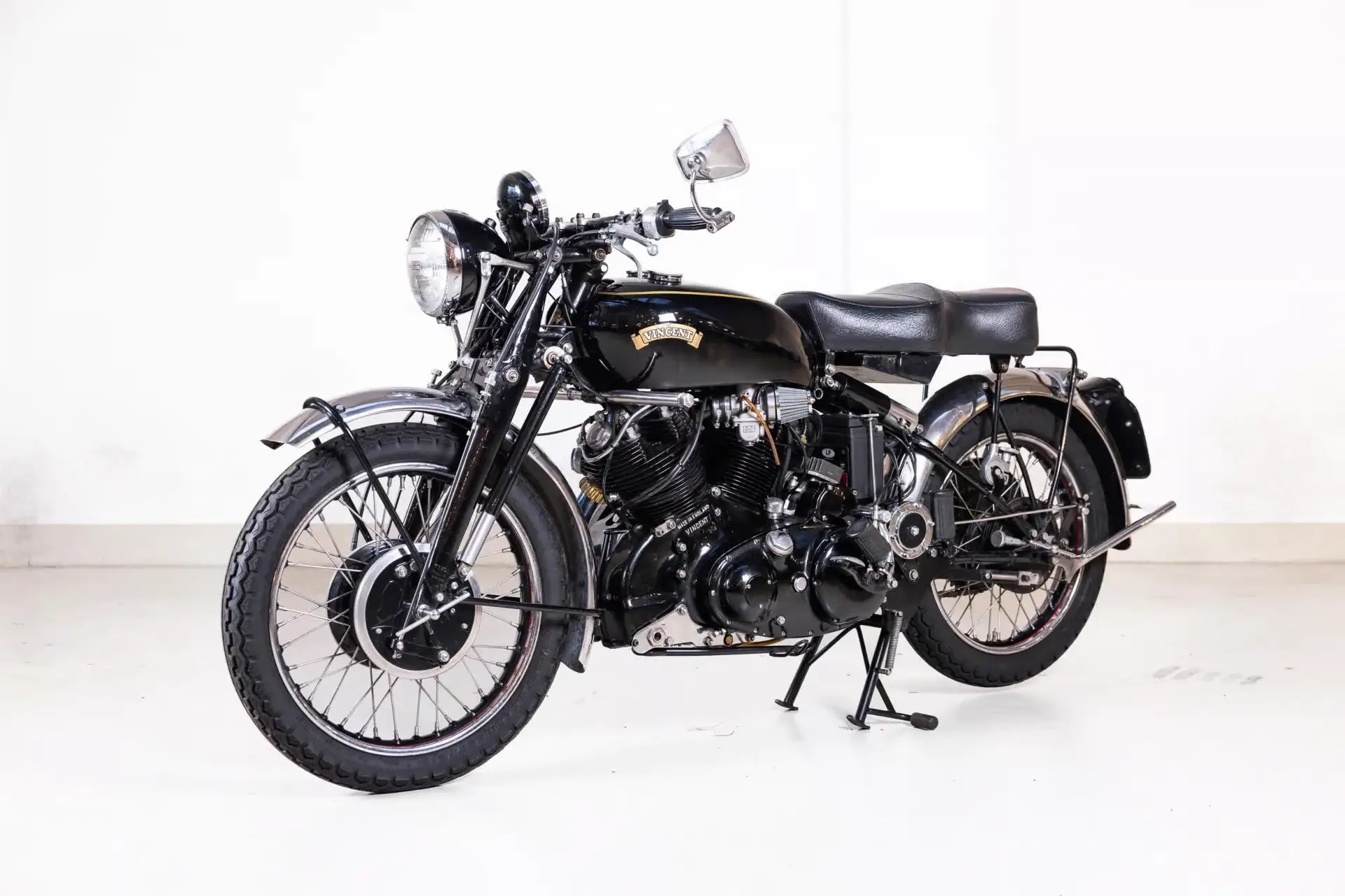 Front oblique view of the 1951 Barley Black Vincent Black Shadow Series C