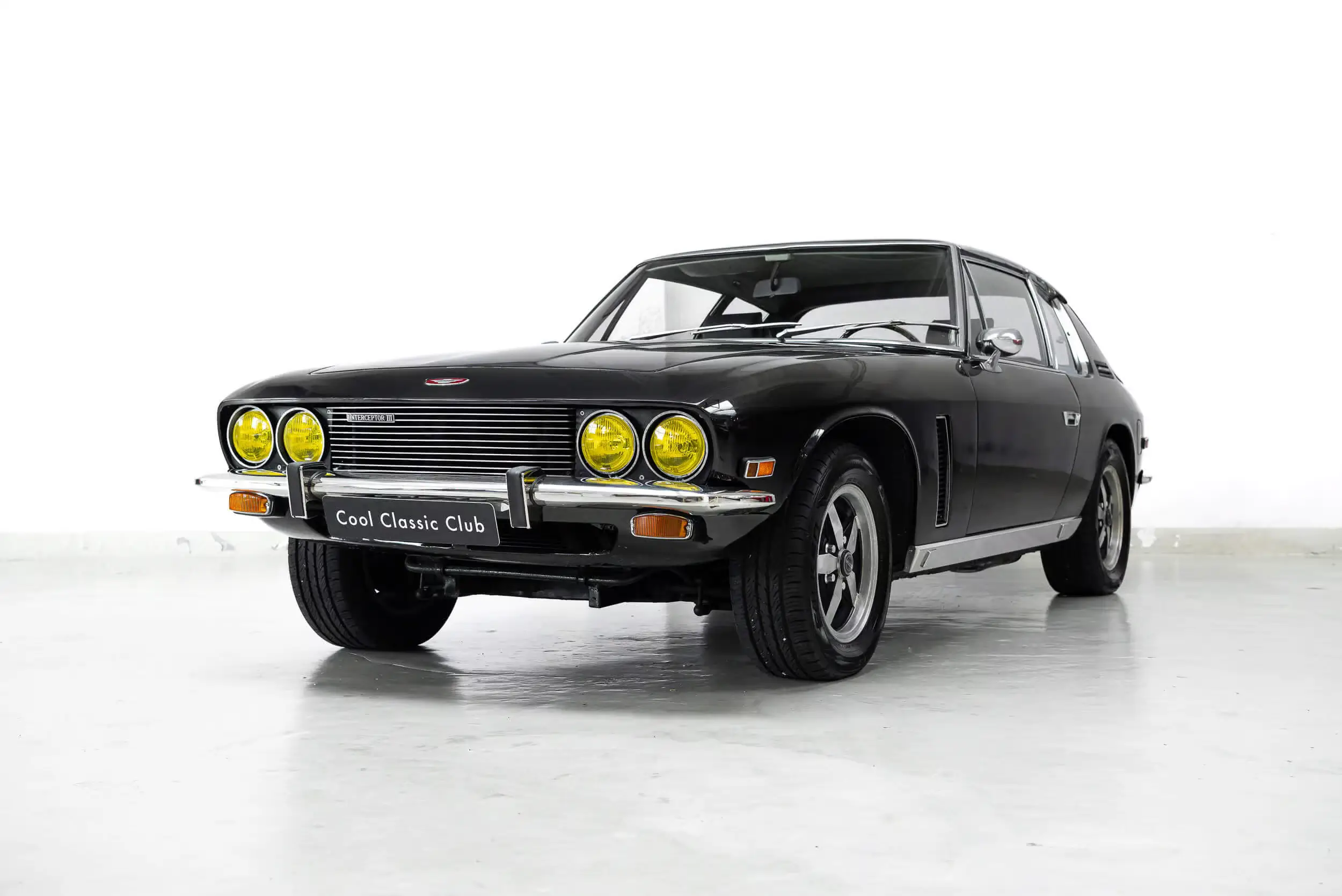Front oblique view of the 1973 Black Jensen Interceptor MK3