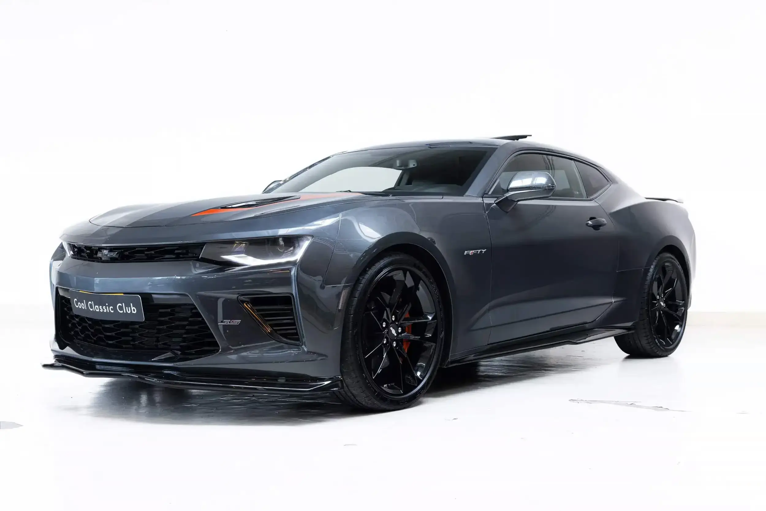 Front oblique view of the 2018 Nightfall Gray Metallic Chevrolet Camaro SS