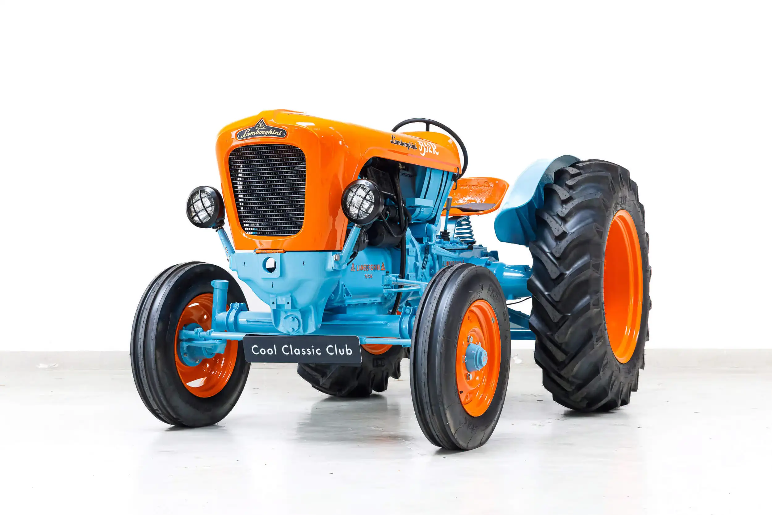 Front oblique view of the 1962 Arancio Scuro & Azzuro Lamborghini 3352 R