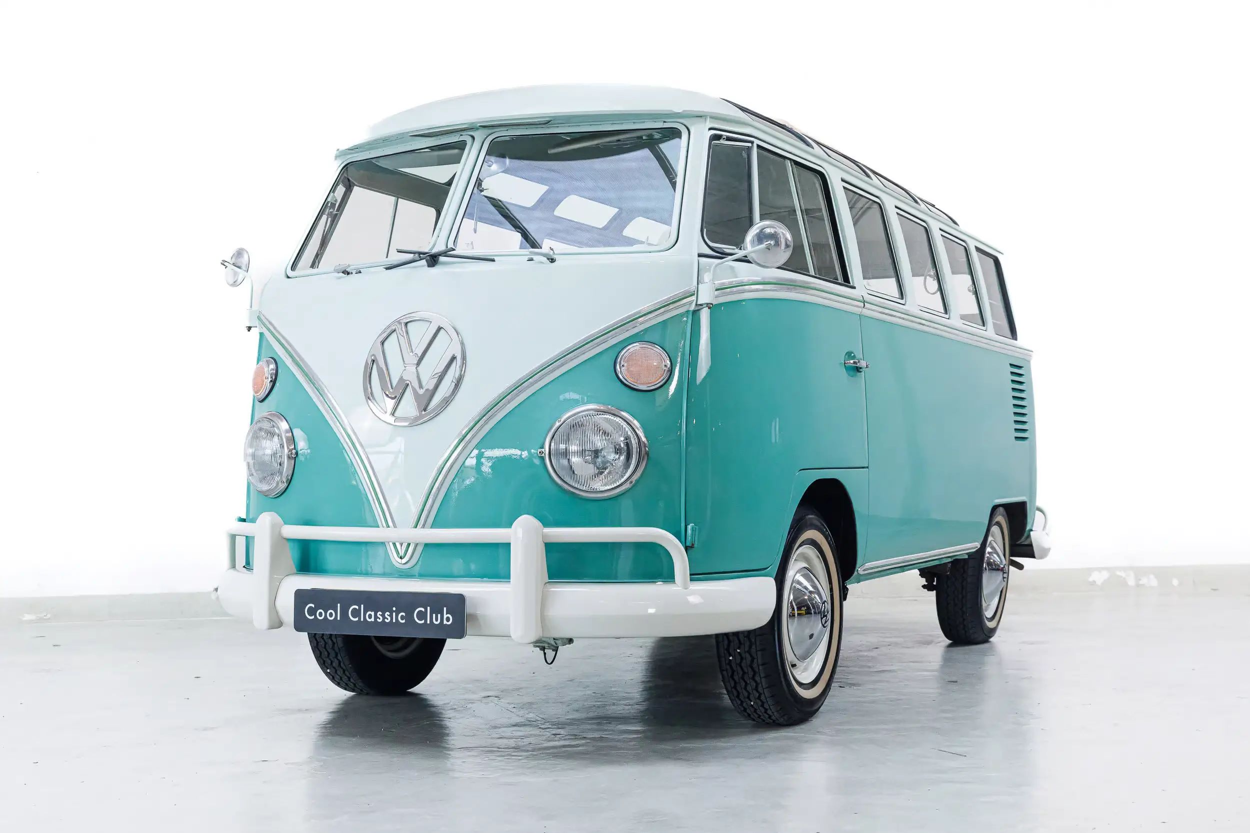 Front oblique view of the 1966 Turqiose & Blue White Volkswagen T1 Samba