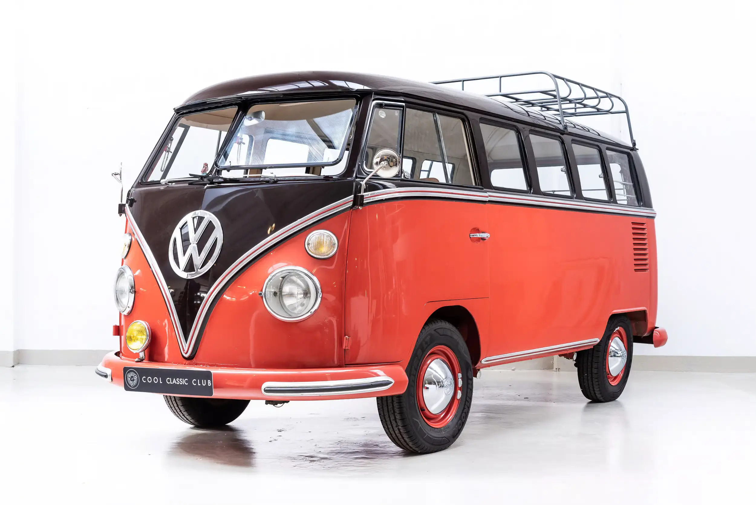 Front oblique view of the 1967 Red & Brown Volkswagen T1 Deluxe